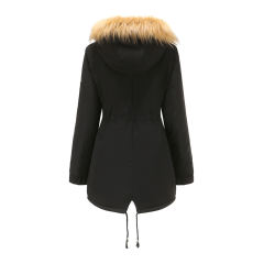 Black Brown Fur Collar Drawstring Waist Warm Hooded Parka Coat TQK280130-2B
