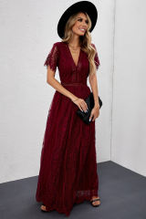 Burgundy Deep V Neck Short Sleeve Lace Maxi Dress LC611316-103