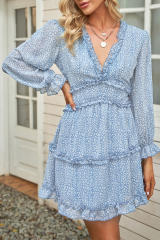 Sky Blue Ruffle Detailing Open Back Floral Dress LC220829-4