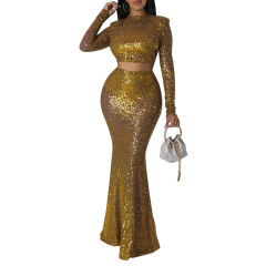 Gold Sequined Crop Top with Fishtail Skirt Set TQV810034-12
