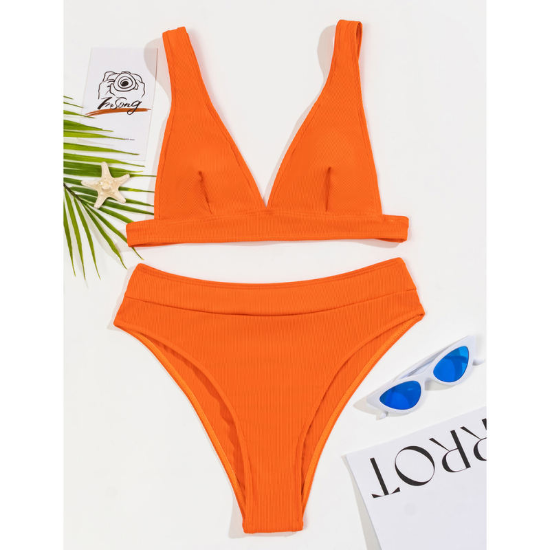 Orange Solid V Neckline 2 Piece Bikini Set TQK610269-14