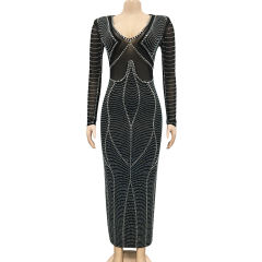 Black Padded Shoulder V Neck Rhinestones Mesh Maxi Dress TQK311225-2