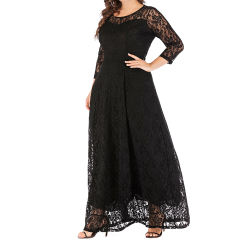 Black 3/4 Sleeve Crew Neck Lace Plus Size Dress TQK310977-2