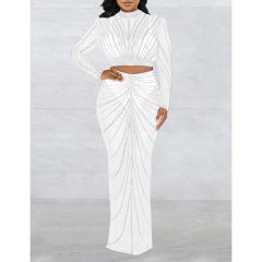 White Rhinestones Long Sleeve Crop with Maxi Skirt Set TQV810029-1