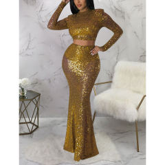 Gold Sequined Crop Top with Fishtail Skirt Set TQV810034-12