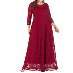 Wine Red 3/4 Sleeve Crew Neck Lace Plus Size Dress TQK310977-23