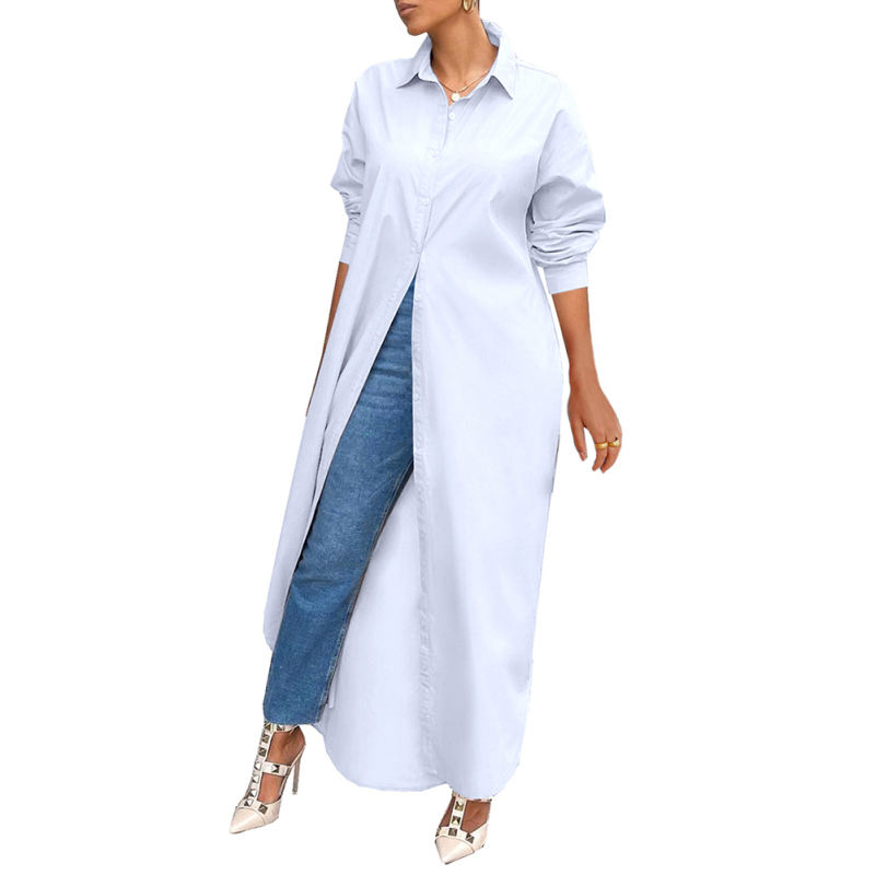 White Long Sleeve Buttoned Maxi Shirt Dress TQK311304-1