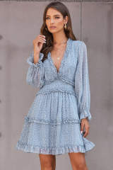 Sky Blue Ruffle Detailing Open Back Floral Dress LC220829-4