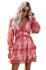 Red Ruffle Detailing Open Back Floral Dress LC220829-103