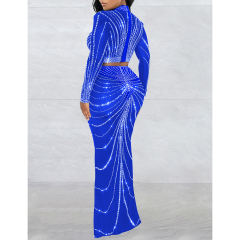 Blue Rhinestones Long Sleeve Crop with Maxi Skirt Set TQV810029-5