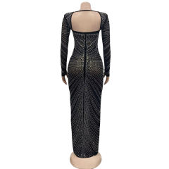 Black Padded Rhinestone Mesh Long Sleeve Maxi Dress TQK311267-2
