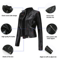 Black PU Stand Collar Short Leather Jacket TQK280124-2