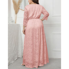 Pink V Neck Lace Plus Size Evening Dress TQV310004-10