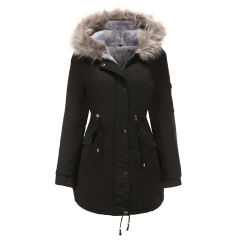 Black Fur Collar Drawstring Waist Warm Hooded Parka Coat TQK280130-2A