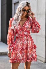 Red Ruffle Detailing Open Back Floral Dress LC220829-103