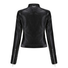 Black PU Stand Collar Short Leather Jacket TQK280124-2