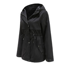 Black Waist Drawstring Hooded Outdoor Rainproof Coat TQK280126-2