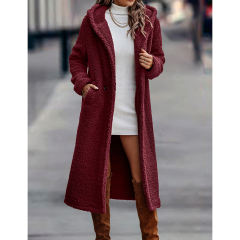Burgundy Open Front Long Sleeve Hooded Fleece Coat TQK280217-23