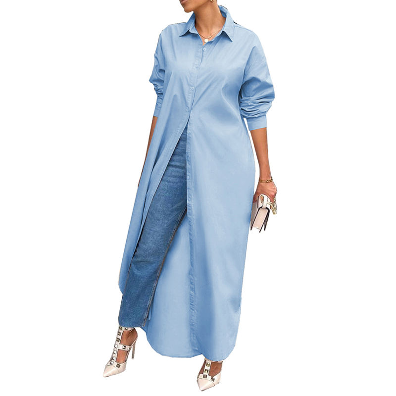 Light Blue Long Sleeve Buttoned Maxi Shirt Dress TQK311304-30