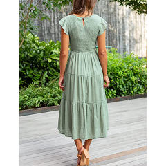 Light Green Ruffled Sleeve Pleated Layered Casual Dress TQV310008-28