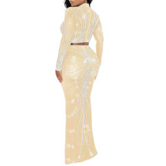 Apricot Rhinestones Long Sleeve Crop with Maxi Skirt Set TQV810029-18