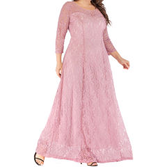 Pink 3/4 Sleeve Crew Neck Lace Plus Size Dress TQK310977-10