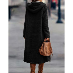 Black Open Front Long Sleeve Hooded Fleece Coat TQK280217-2
