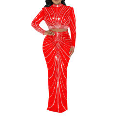 Red Rhinestones Long Sleeve Crop with Maxi Skirt Set TQV810029-3
