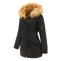 Black Brown Fur Collar Drawstring Waist Warm Hooded Parka Coat TQK280130-2B