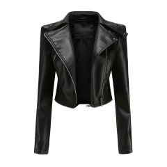 Black Removable Hem Leather PU Leather Jacket TQK280125-2