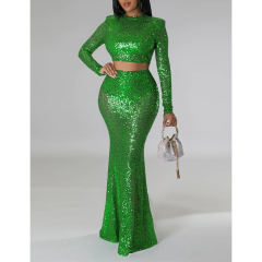 Green Sequined Crop Top with Fishtail Skirt Set TQV810034-9