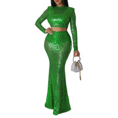 Green Sequined Crop Top with Fishtail Skirt Set TQV810034-9