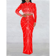 Red Rhinestones Long Sleeve Crop with Maxi Skirt Set TQV810029-3