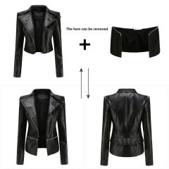 Black Removable Hem Leather PU Leather Jacket TQK280125-2