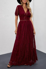 Burgundy Deep V Neck Short Sleeve Lace Maxi Dress LC611316-103