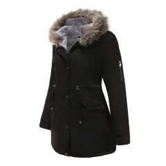 Black Fur Collar Drawstring Waist Warm Hooded Parka Coat TQK280130-2A