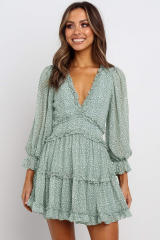 Green Ruffle Detailing Open Back Floral Dress LC220829-9