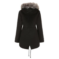 Black Fur Collar Drawstring Waist Warm Hooded Parka Coat TQK280130-2A