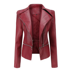 Wine Red Removable Hem Leather PU Leather Jacket TQK280125-23