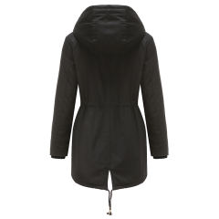 Black Waist Drawstring Plush Hooded Thick Parka Coat TQK280127-2