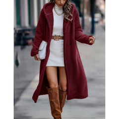 Burgundy Open Front Long Sleeve Hooded Fleece Coat TQK280217-23