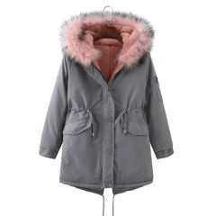 Gray Fur Collar Drawstring Waist Warm Hooded Parka Coat TQK280130-11