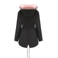 Black Pink Fur Collar Drawstring Waist Warm Hooded Parka Coat TQK280130-2C