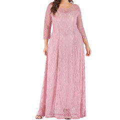 Pink 3/4 Sleeve Crew Neck Lace Plus Size Dress TQK310977-10