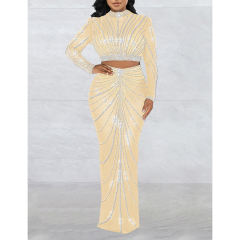 Apricot Rhinestones Long Sleeve Crop with Maxi Skirt Set TQV810029-18