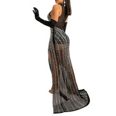 Black Rhinestones Mesh Stand Neck Party Dress TQK311258-2