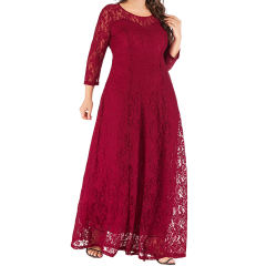 Wine Red 3/4 Sleeve Crew Neck Lace Plus Size Dress TQK310977-23