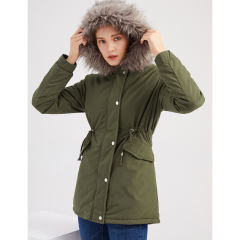 Army Green Fur Collar Drawstring Waist Warm Hooded Parka Coat TQK280130-27