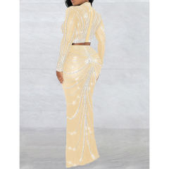 Apricot Rhinestones Long Sleeve Crop with Maxi Skirt Set TQV810029-18