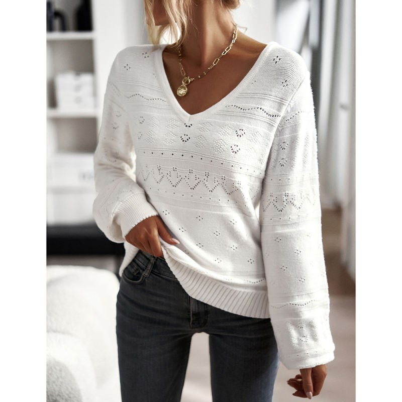 White V Neck Hollow-out Long Sleeve Sweater TQV270058-1